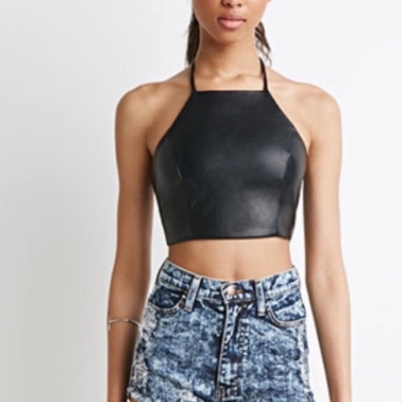Tops - Black matted faux leather halter neck crop top