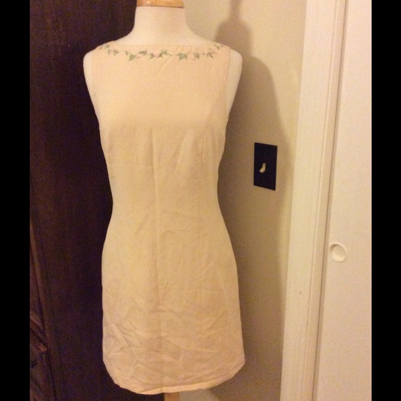 Tailor beige silk linen sleeveless shift dress