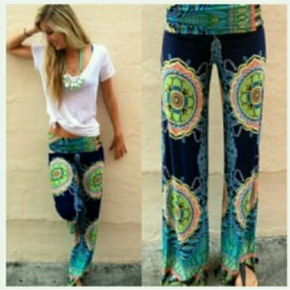 Pants - Trendy Navy/Lime wide leg palazzo