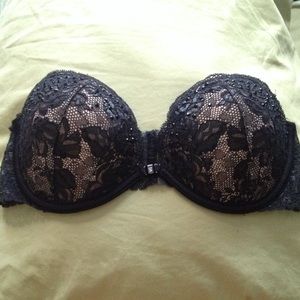Black VS strapless lace-back embellished bra