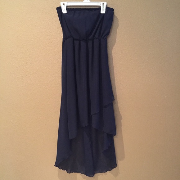 Dark blue high-low dress.