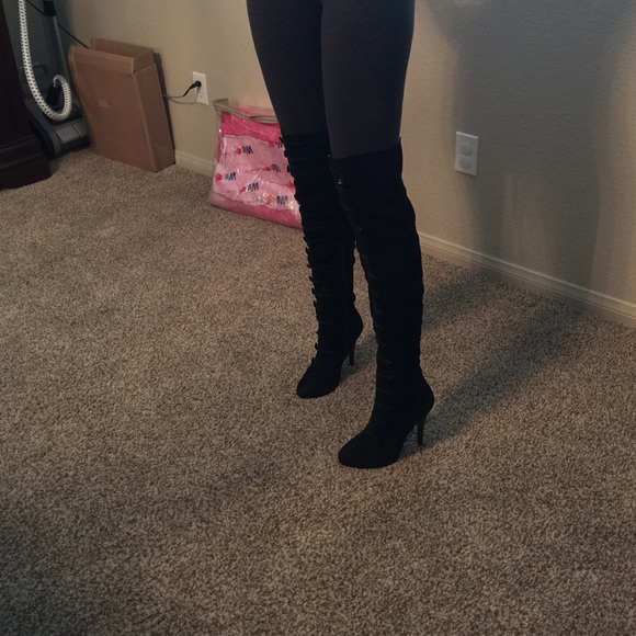 Suede black knee high boots