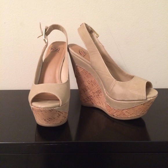 Dani | Shoes | Dani Nude Slingback Peeptoe Cork Wedge Size 6 | Poshmark