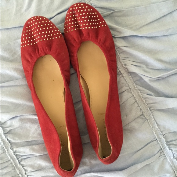 JCrew red cece suede flats gold studs size 11
