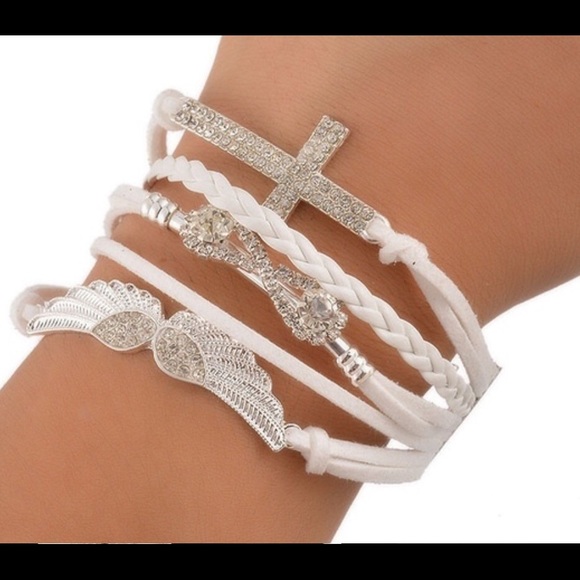 White multilayer wings, infinity & cross bracelet!