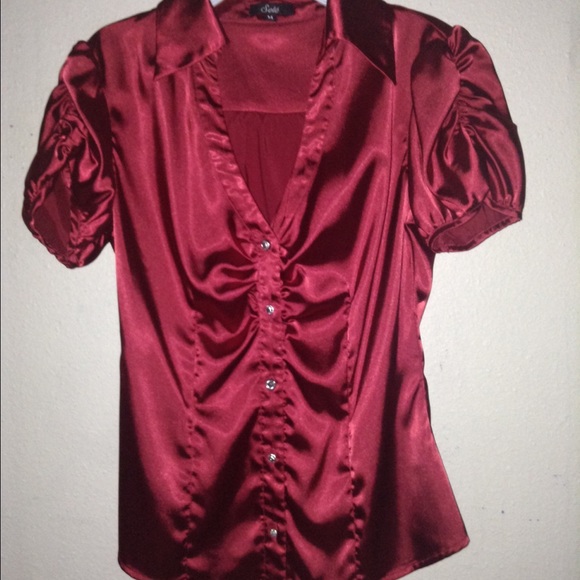 Satin ruffled red blouse with rhinestone buttons - Picture 2 of 4