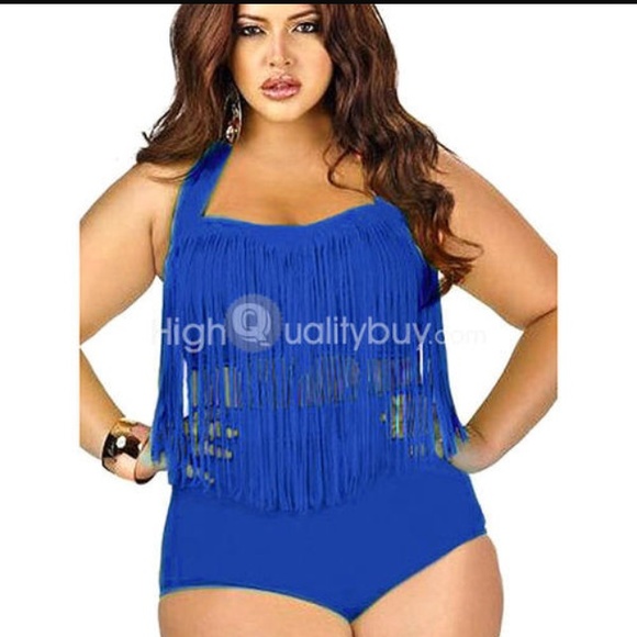 Electric blue fringe high waist swim suit