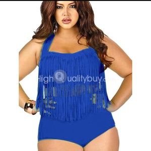 Electric blue fringe high waist swim suit