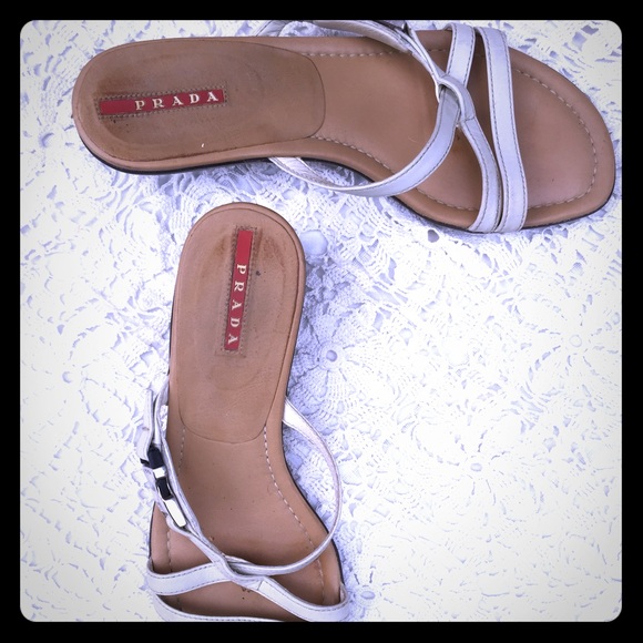 Strappy Prada kitten heel sandals w/ silver buckle