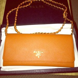 Saffiano orange leather  wallet with chain