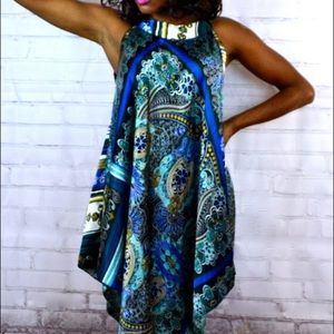 Cool blue & teal Baroque print trapeze dress