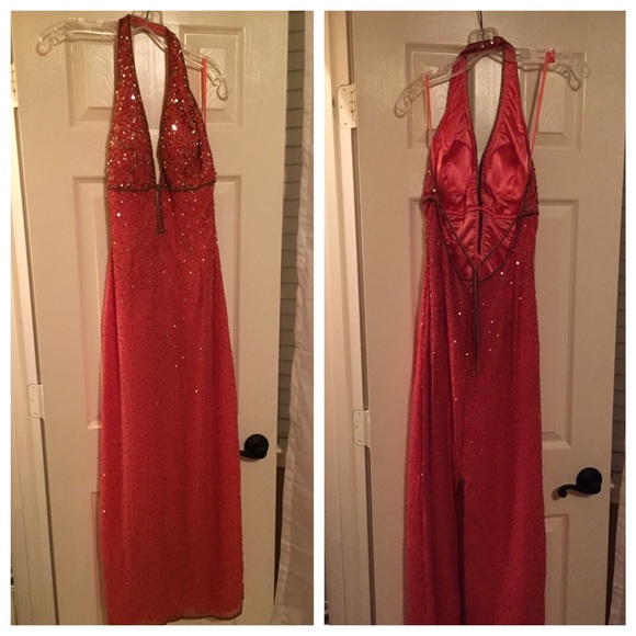 Salmon color sequin pageant prom dress - Picture 1 of 4