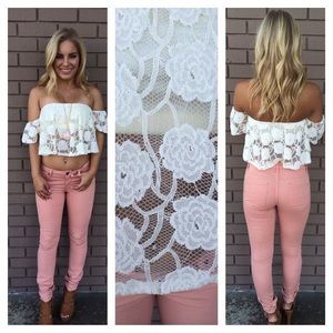 Dainty Hooligan White off Shoulder Lace Crop Top!
