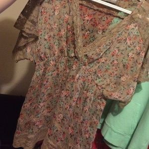 Sheer Tan Flower Blouse -- Size XL