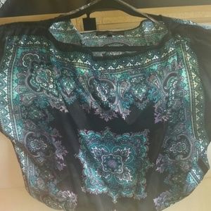 NEW Black&Teal Paisley Satin Blouse w/ open sleeve