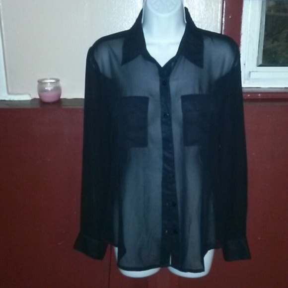 Black collar button down, sheer black long sleeve