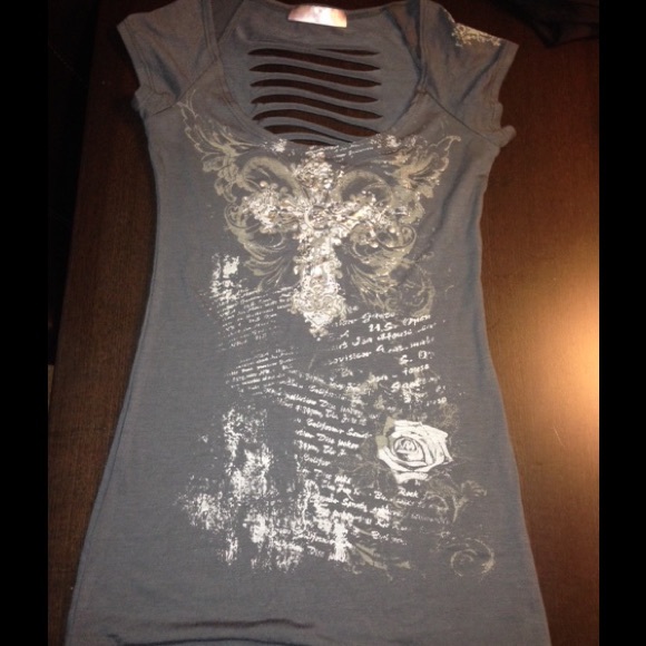 Grey rhinestone cross top