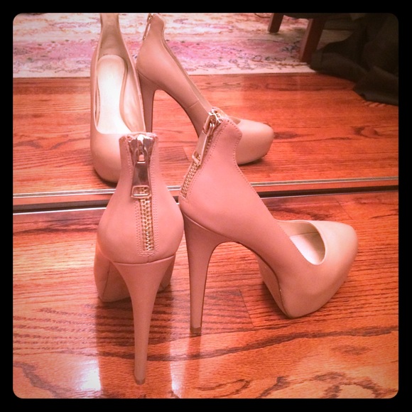 Tan Heels with Gold Zipper Back