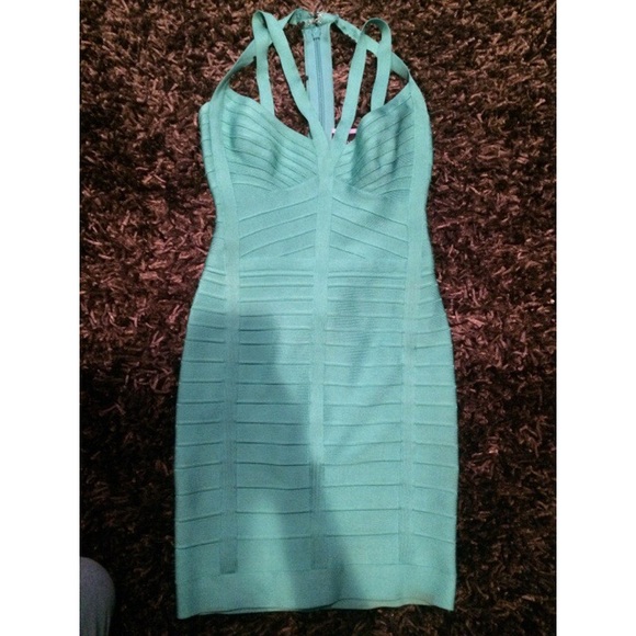 HERVE LEGER teal cross my heart dress - Picture 2 of 4