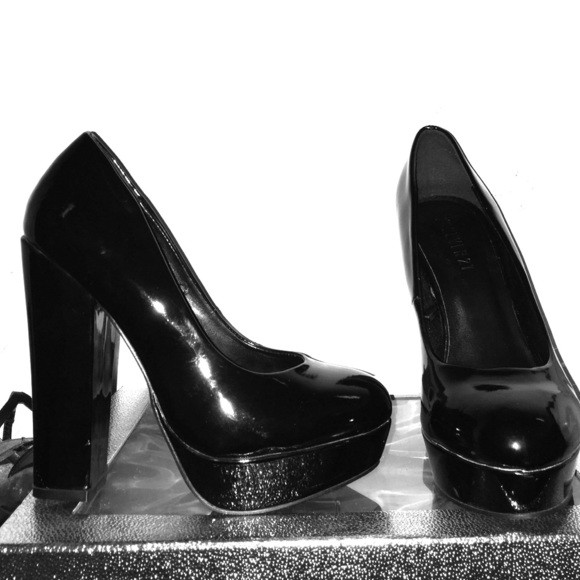 Very high chunky patent leather heels