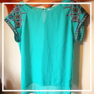 Embroidered teal boutique top