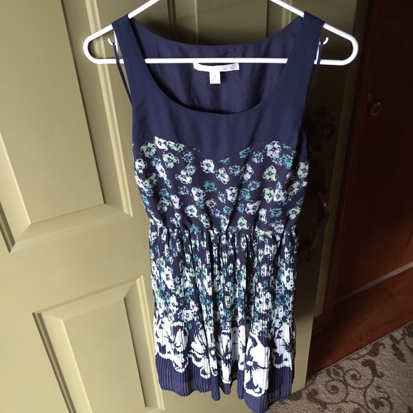 Navy Floral Pleated Chiffon Dress