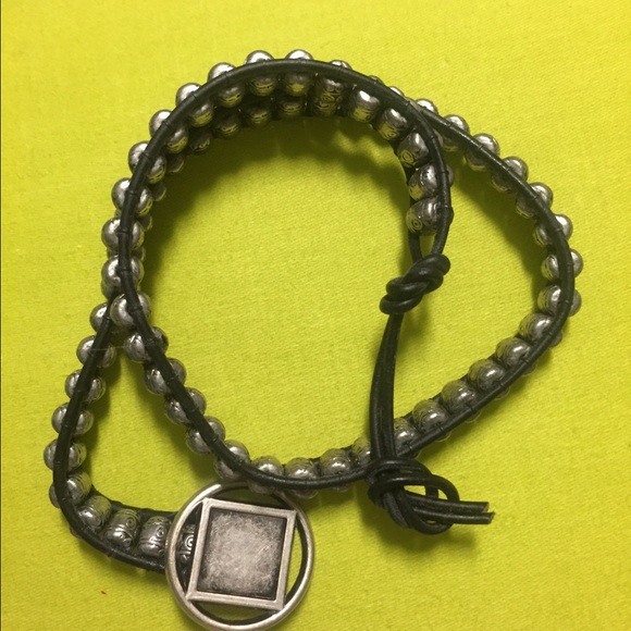 Silver with black leather wrap bracelet