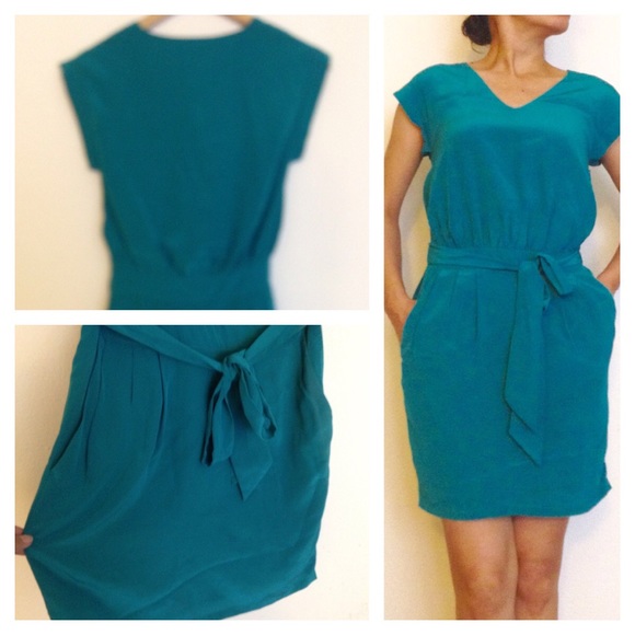 •SOLD• REISS Teal Silk Dress with Tie Front Size 0 - Picture 3 of 4