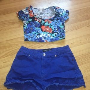 Blue shorts and a blue floral print crop top