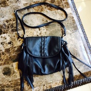 Black fringed faux leather sling bag