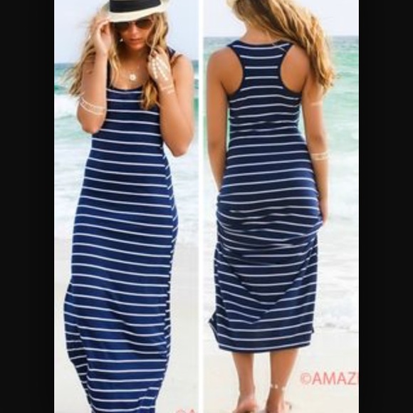 Grey and blue striped maxi dress