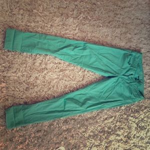 Teal straight leg jeans.