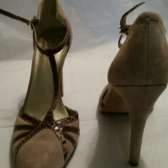 Beige suede t strap high heels with patterned