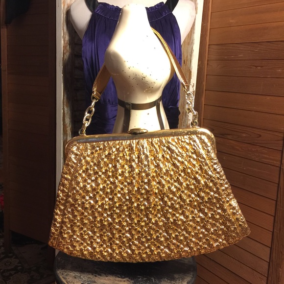 SALE💐VINTAGE (Japan 1950's) "M M" GOLD HANDBAG - Picture 2 of 16