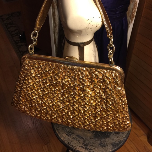 SALE💐VINTAGE (Japan 1950's) "M M" GOLD HANDBAG - Picture 3 of 16