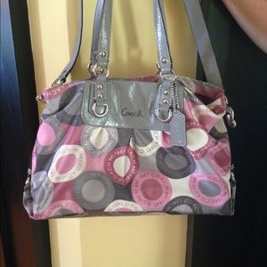 grey white and pink coach purse