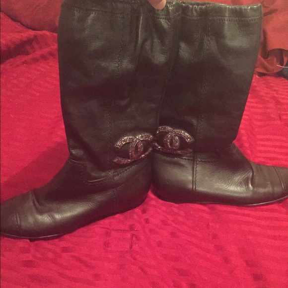 CHANEL mid calf leather boots