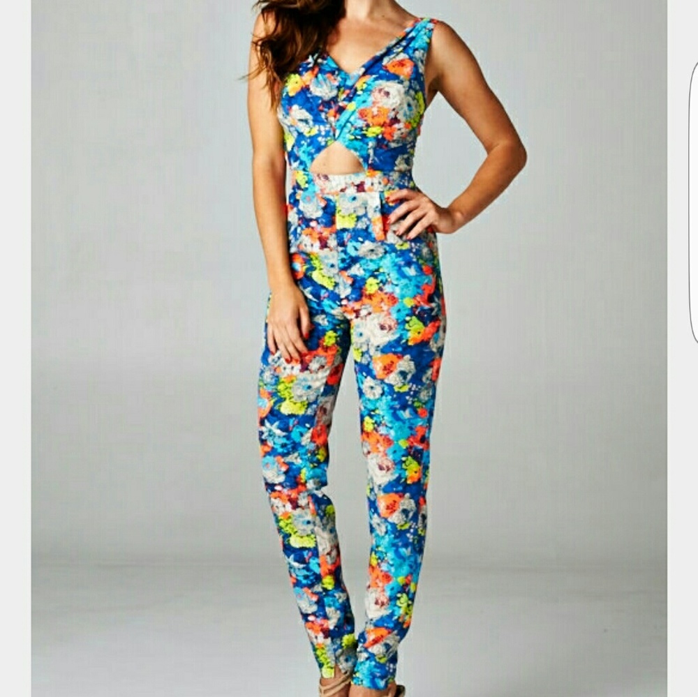 Floral skinny leg cutout colorful jumper jumpsuit