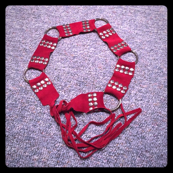Red suede metal studded tie belt