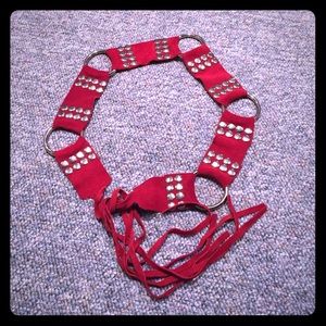 Red suede metal studded tie belt