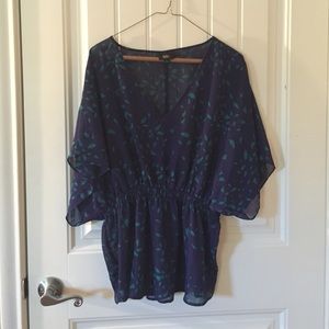Blue and green v-neck blouse