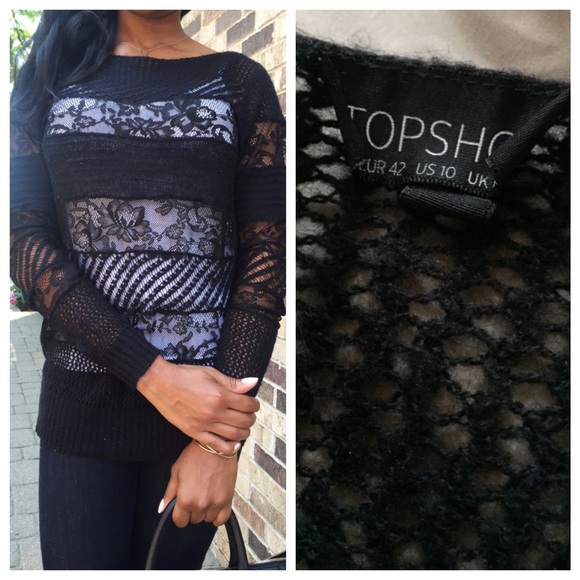 TOPSHOP Black Knit Lace Top Sz 10