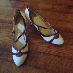 Tan and patent red leather Cole Haan pumps
