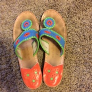 Orange, blue and green colored Jack Rogers.