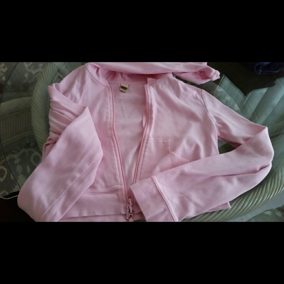 Pink short hoodie.  Adorable over tank or after