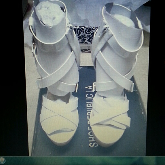 White Patent Leather Gladiator Platform Wedges 9