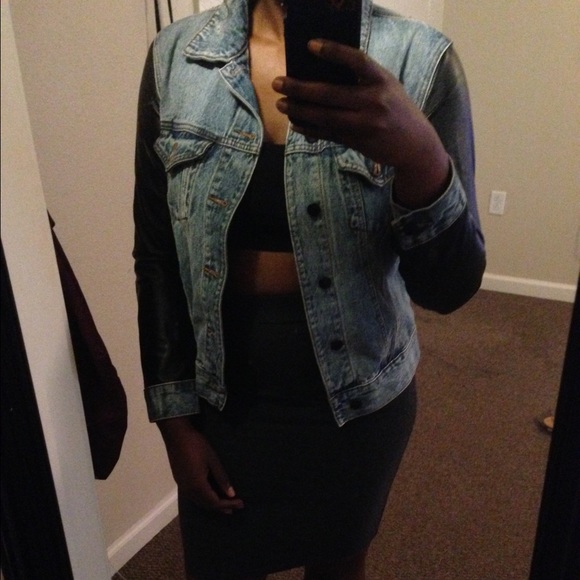 Faux Black Leather Sleeve, Denim Jacket - Picture 2 of 3