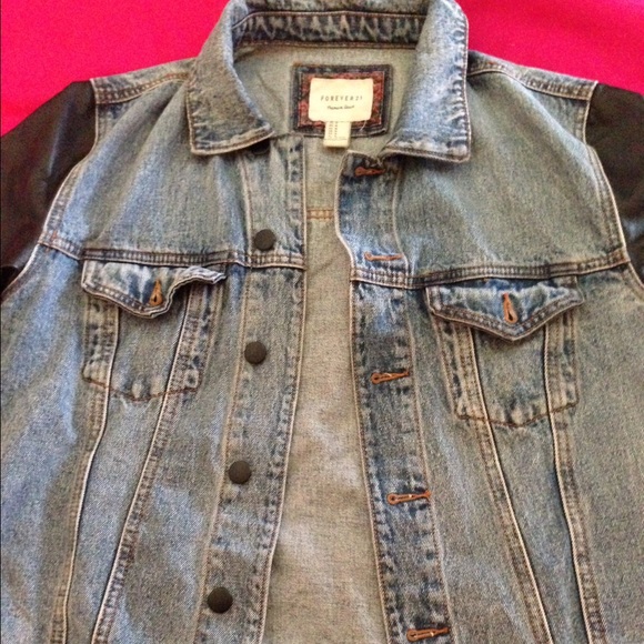 Faux Black Leather Sleeve, Denim Jacket - Picture 3 of 3