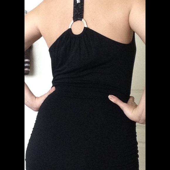 2b Bebe black ruched dress with bead accents