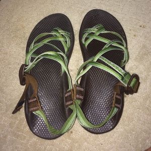 Green and brown chacos